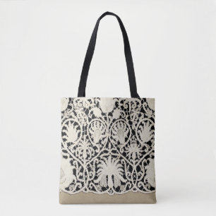 Tote Bag Mariage Antique Dentelle Lin Blanc Classique Joli
