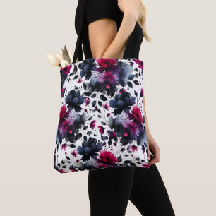 Tote Bag Mariage aquarelle floral rose et bleu magenta encr
