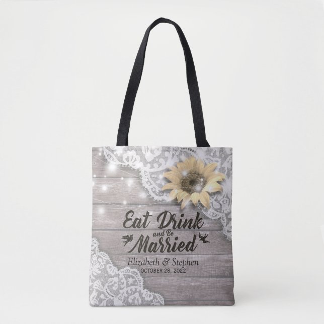 Tote Bag Mariage Bienvenue Dentelle Tournesol Rustique Lumi (Devant)