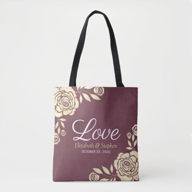 Tote Bag Mariage Bienvenue Favoriser Chic Gold Roses Bourgo (Devant)