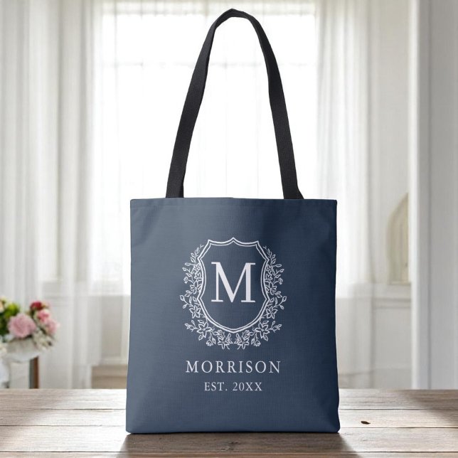 Tote Bag Mariage botanique Monogram Navy Blue Crest (Créateur téléchargé)