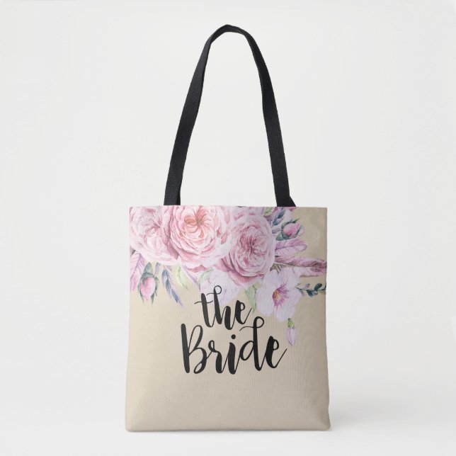 Tote Bag Mariage Brides Chic Aquarelle Boho Plumes florales (Devant)