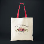 Tote Bag Mariage Bridesmaid<br><div class="desc">Sac fourre-tout Bridesmaid avec des polices élégantes et un joli bouquet de fleurs aux roses roses et hydrangées bordeaux. Ajoutez aussi le nom de votre servante d'honneur !</div>