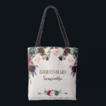 Tote Bag Mariage campagnard de Boho Rustique Floral de la m<br><div class="desc">Aquarelle bordeaux rouge marine rousse rose rousse pays bohème classe fleurie douche nuptiale cadeau sac fourre-tout modèle avec vert feuillage botanique et eucalyptus feuilles en arrière - plan en bois. Ce magnifique design facile à customiser peut s'adapter facilement à vos couleurs, styles et thèmes mariages et il est un choix...</div>