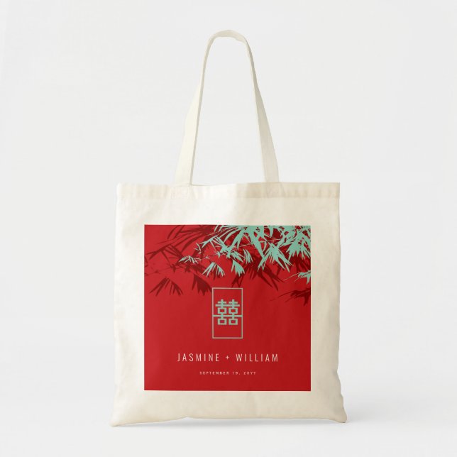 Tote Bag Mariage chinois Turquoise Bambou Feuille Double Xi (Devant)