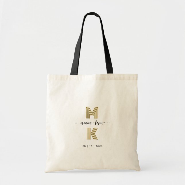 Tote Bag Mariage Couple Black Gold Élégant Monogramme simpl (Devant)