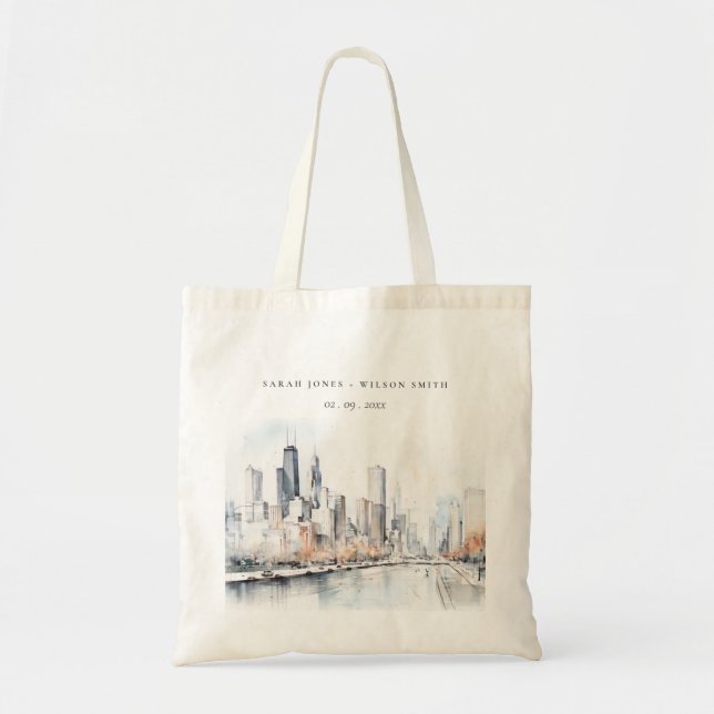 Tote Bag Mariage d'aquarelle de Chicago, Illinois City Scap (Devant)