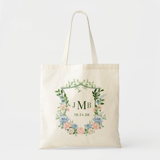 Tote Bag Mariage de crête florale bleu poussiéreux (Devant)