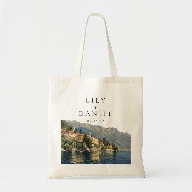 Tote Bag Mariage de destination à l'aquarelle du lac de Côm (Devant)