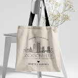 Tote Bag Mariage de Jacksonville, Floride | Skyline stylisé<br><div class="desc">Un sac fourre-tout mariage unique pour un mariage qui se déroule dans la belle ville de Jacksonville,  Floride. Cette fourre-tout présente une illustration stylisée de l'horizon unique de la ville avec son nom en dessous. Ceci est suivi par vos informations de jour de mariage dans un style ouvert assorti.</div>