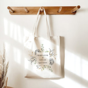 Tote Bag Mariage de monogramme floral argenté