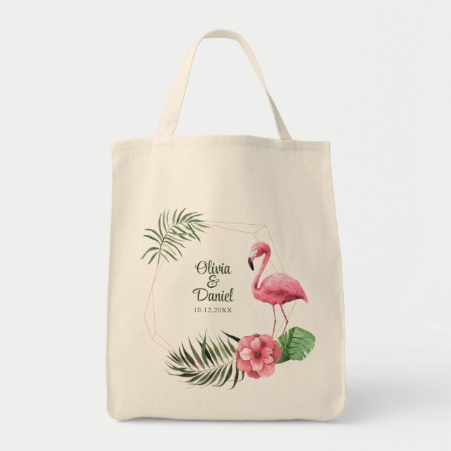 Tote Bag Mariage de noms de couples de Flamants roses tropi (Devant)