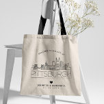 Tote Bag Mariage de Pittsburgh | Skyline stylisée<br><div class="desc">Un sac fourre-tout mariage unique pour un mariage qui se déroule dans la belle ville de Pittsburgh,  Pennsylvanie. Cette fourre-tout présente une illustration stylisée de l'horizon unique de la ville avec son nom en dessous. Ceci est suivi par vos informations de jour de mariage dans un style ouvert assorti.</div>