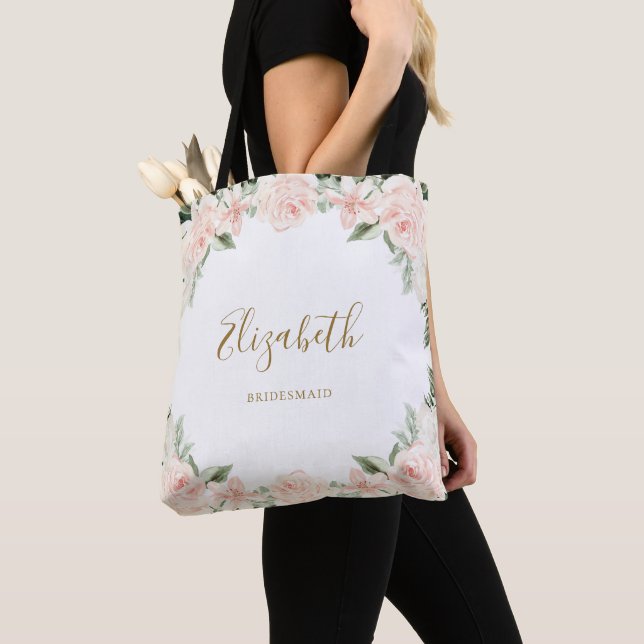 Tote Bag Mariage Demoiselle d'Honneur Floral Rose (De près)