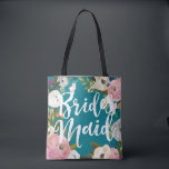 Tote Bag Mariage d'épouses broyées Floral Party<br><div class="desc">Arrière - plan de couleur personnalisé et toute l'impression avec des bords floral peints. Bridesmaid en script de brosse sur un côté et nom sur le dos. Customiser pour changer la couleur arrière - plan (turquoise). Le noir a l'air extraordinaire aussi. Les magnifiques fleurs peintes sont de Create the Cut....</div>