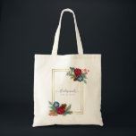 Tote Bag Mariage d'hiver Bourgogne Turquoise Bleu moderne<br><div class="desc">Beau Turquoise bleu turquoise (bleu paon) et bordeaux, Roses couleur vin, feuilles vert sauge, cônes de pin rustique, et un cadre doré sur cet objet de mariage d'hiver qui fait partie d'une collection plus grande qui comprend des invitations à des mariages à budget, à sauver les dates, RSVPs, étiquettes, cadeaux,...</div>