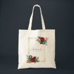 Tote Bag Mariage d'hiver Bourgogne Turquoise Bleu moderne<br><div class="desc">Beau Turquoise bleu turquoise (bleu paon) et bordeaux, Roses couleur vin, feuilles vert sauge, cônes de pin rustique, et un cadre doré sur cet objet de mariage d'hiver qui fait partie d'une collection plus grande qui comprend des invitations à des mariages à budget, à sauver les dates, RSVPs, étiquettes, cadeaux,...</div>