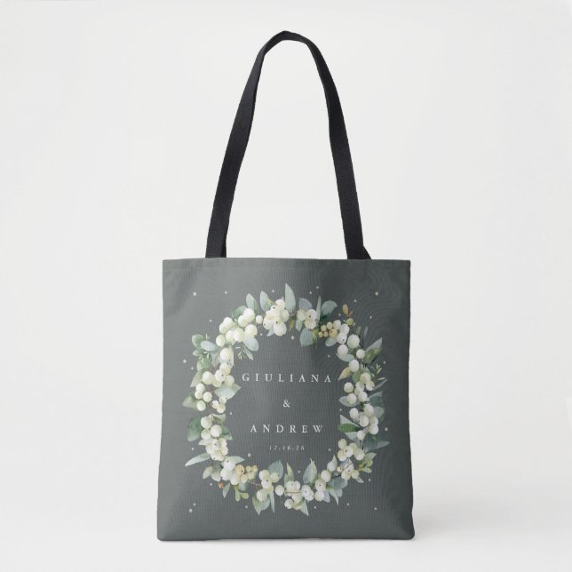 Tote Bag Mariage d'hiver en gris-vert Sorbier+Eucalyptus (Devant)