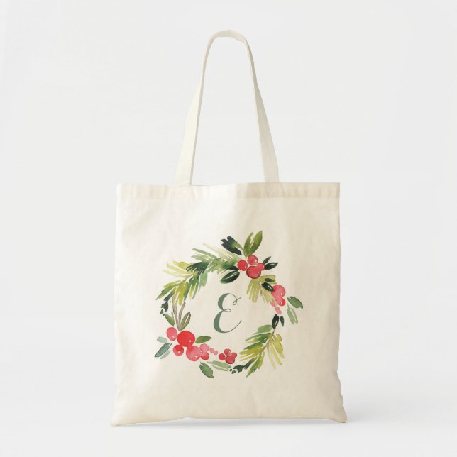 Tote Bag Mariage d'hiver Floral Watercolor Wreath | Monogra (Devant)