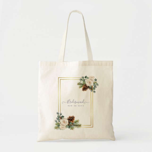 Tote Bag Mariage d'hiver Roses blanches Or Dusty Bleu (Devant)