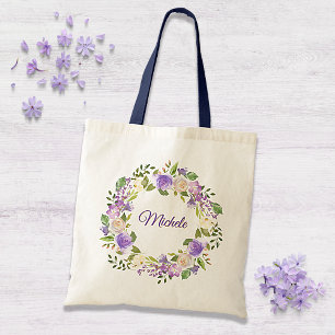 Tote Bag Mariage floral à l'aquarelle élégant violet et or