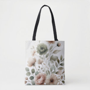 Tote Bag Mariage Floral Aquarelle Olive Poussiéreuse & Rose