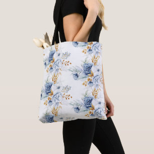 Tote Bag Mariage Floral Bleu Poussiéreux Blanc Or