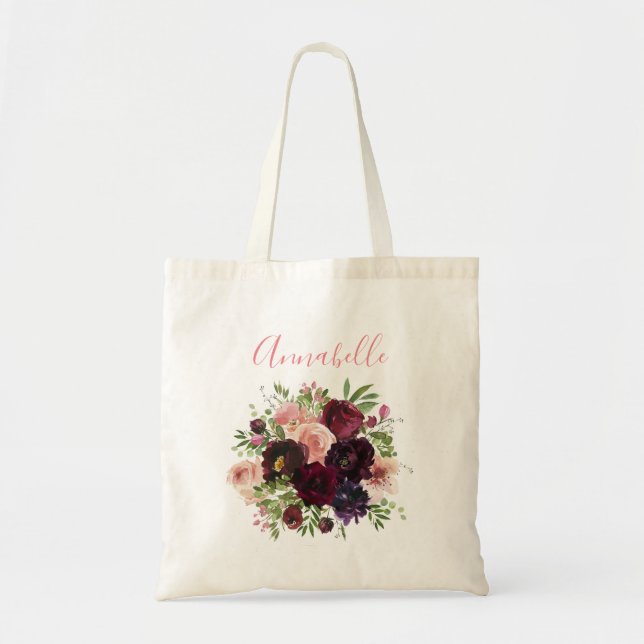 Tote Bag Mariage Floral Bourguignon et Rose Blush (Devant)