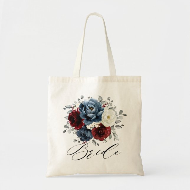Tote Bag Mariage floral d'ivoire blanc bleu ardoise (Devant)