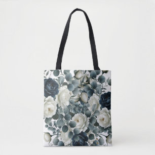 Tote Bag Mariage floral moderne bleu foncé et blanc