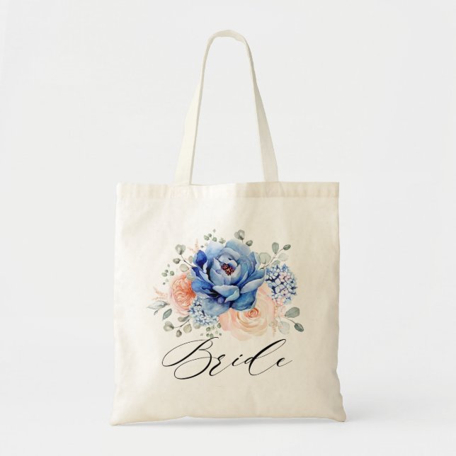 Tote Bag Mariage floral rose bleu marine  (Devant)