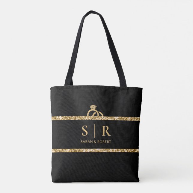 Tote Bag Mariage Initial Monogramme Pailleté Noir & Or (Dos)