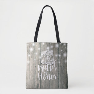 Tote Bag Mariage Maid of Honor Wood Mason Jar String Lumièr