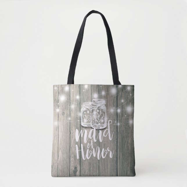 Tote Bag Mariage Maid of Honor Wood Mason Jar String Lumièr (Devant)