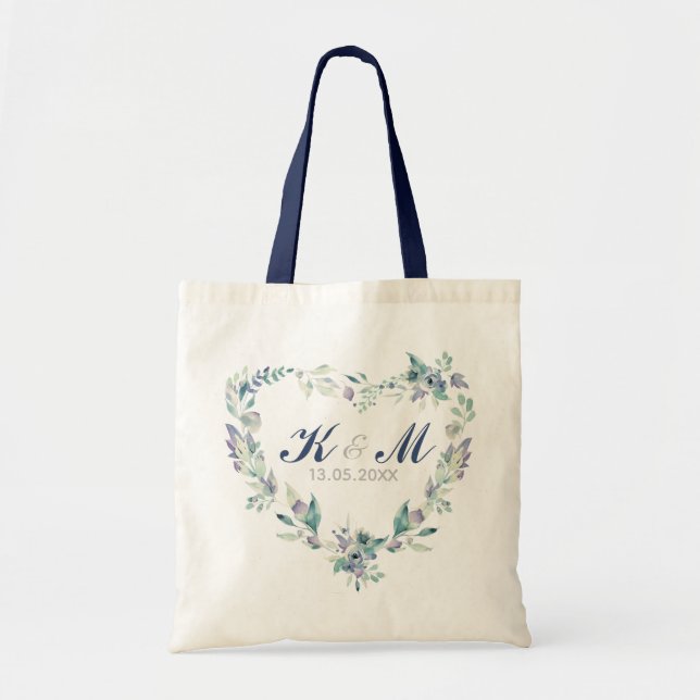 Tote Bag Mariage Monogramme Aquarelle Coeur Floral Wreath (Devant)