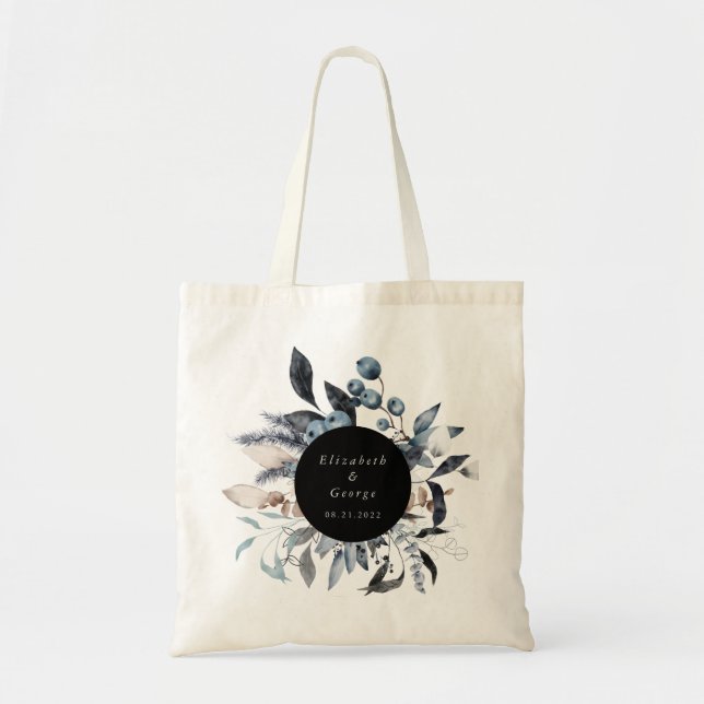 Tote Bag mariage monogramme floral d'hiver bleu glacé (Devant)