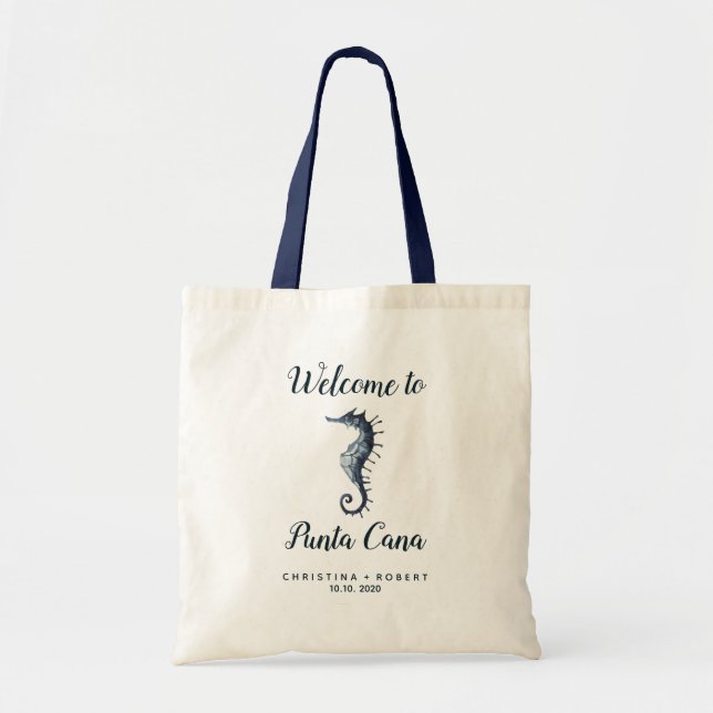 Tote Bag Mariage nautique Blue Seahorse Accueil personnalis (Devant)