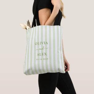 Tote Bag Mariage Personnalisé à Rayures Rétro Vertes