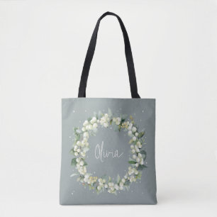 Tote Bag Mariage personnalisé vert Snowberry+Eucalyptus