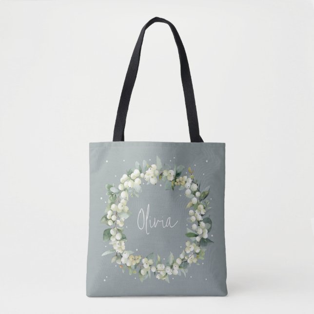 Tote Bag Mariage personnalisé vert Snowberry+Eucalyptus (Devant)