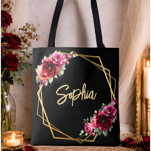 Tote Bag Mariage romantique élégant floral rouge noir d'hum