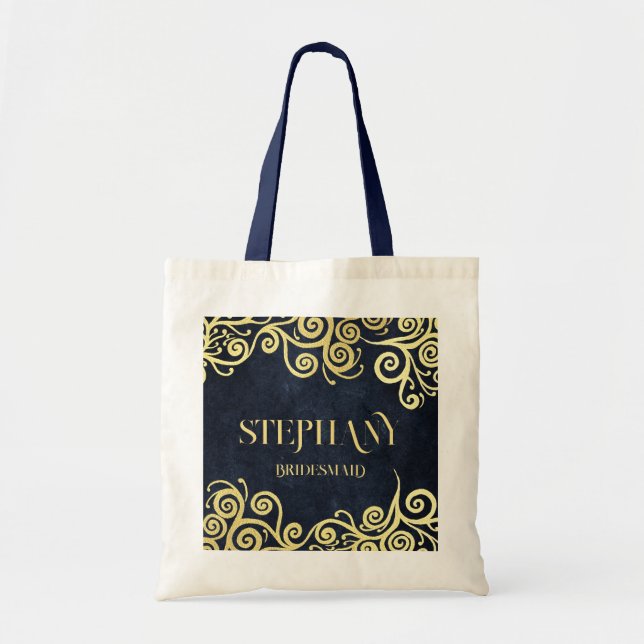 Tote Bag Mariage Sophistiqué  Blue Gold Swirls (Devant)