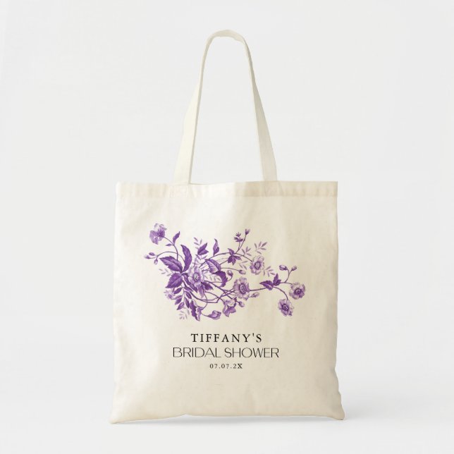 Tote Bag Mariage Vintage Français Toile Fleurs Violettes (Devant)