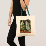 Tote Bag Mariage vintage, Mariée et Salle avec Menorah<br><div class="desc">Illustration vintage image de cérémonie d'amour et de romance mariage montrant un couple se marier dans une belle synagogue avec vitraux,  fleurs et une menorah à sept branches. La mariée porte une longue robe blanche mariage et le marié est beau dans son smoking.</div>