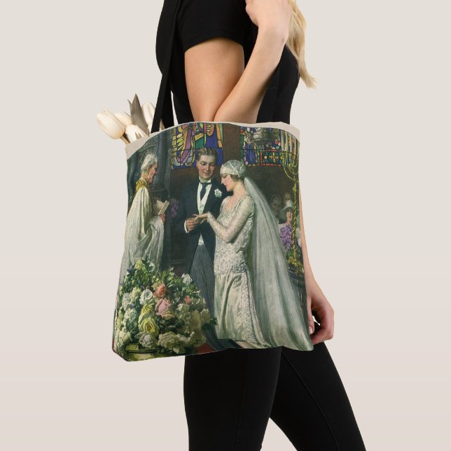 Tote Bag Mariage Vintage, Mariés avec Menorah (De près)