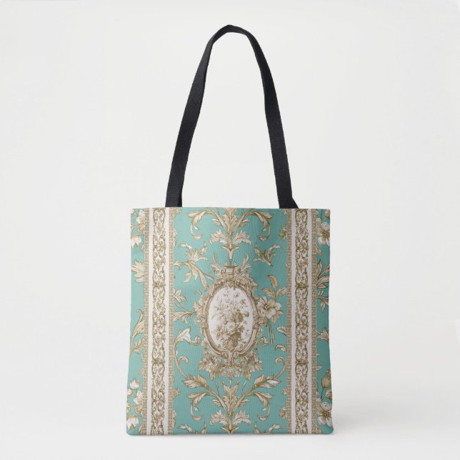 Tote Bag Marie Antoinette Toile de Jouy turqoise  (Devant)