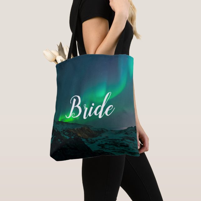 Tote Bag Mariée Aurora Lumières Script Mariage élégant (De près)