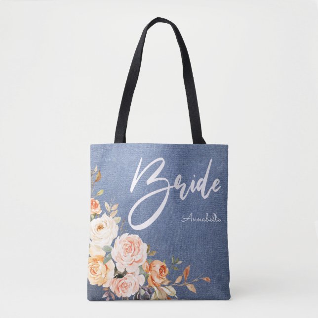 Tote Bag Mariée Blush Rose & Faux Jean Floral pêche (Devant)