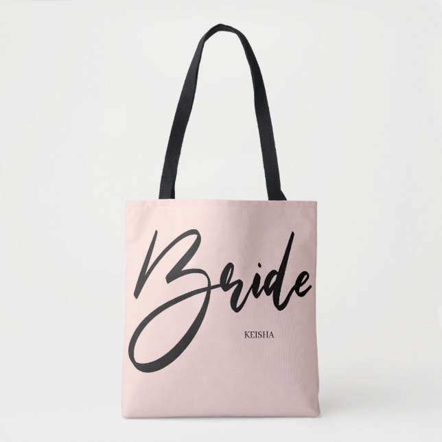 Tote Bag Mariée Chic Rose et Écriture Manuscrite Noire (Devant)