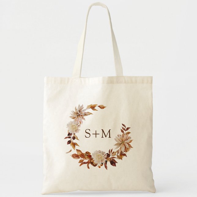 Tote Bag Mariée d'automne Monogramme Feuilles Couronne de m (Fall Bride Groom Monogram Leaves Wreath Wedding Tote Bag by Painted Paperie)